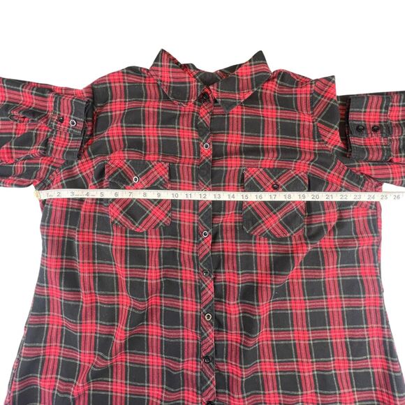 Hot Topic Button Down 2X Red Black Plaid Edgy Lace Back Split Grunge Goth Shirt - Picture 3 of 8